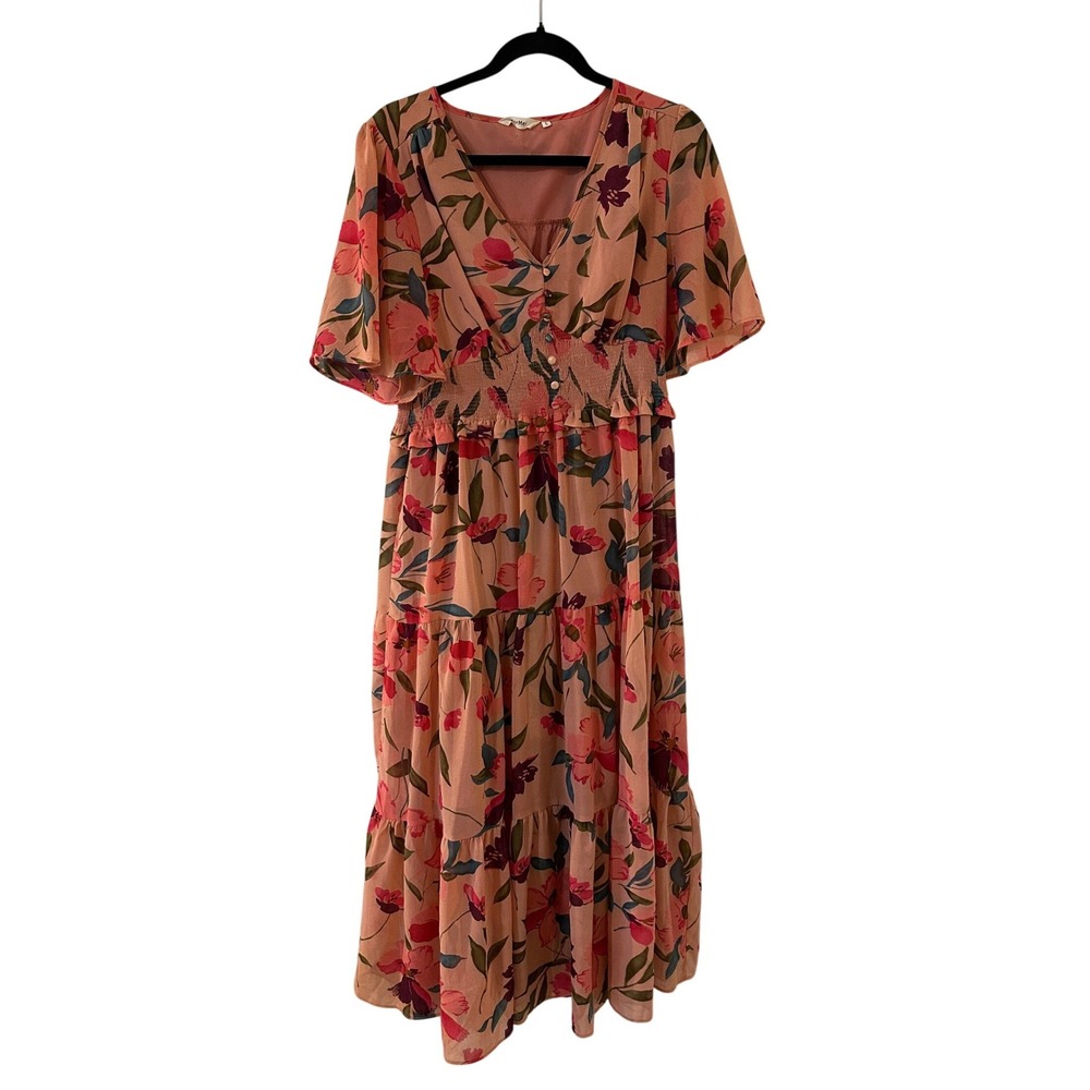 KorMei Women Pink Floral Maxi Dress Smocked Waist Flutter Sleeve Tiered Size L